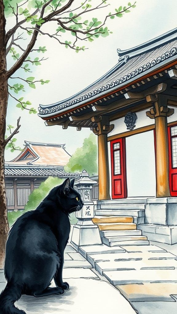 Black Cat Visits Serene Japanese Temple in Loose Watercolour