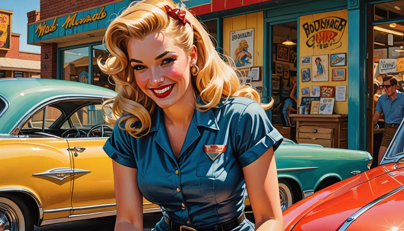 Blonde Pinup Girl Working on Hot Rod in Comic Style
