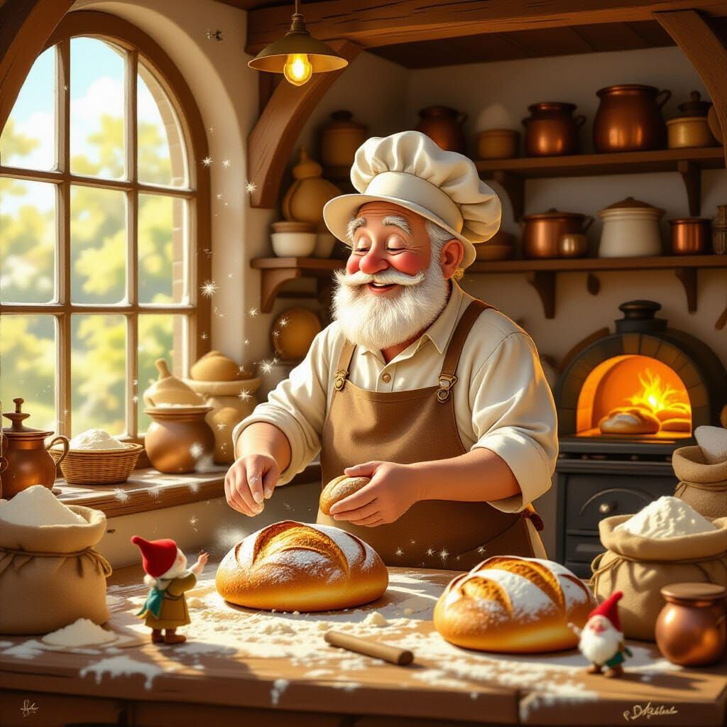 Magical Old Baker Crafts Glowing Bread in Cozy Bakery Oil Pa...