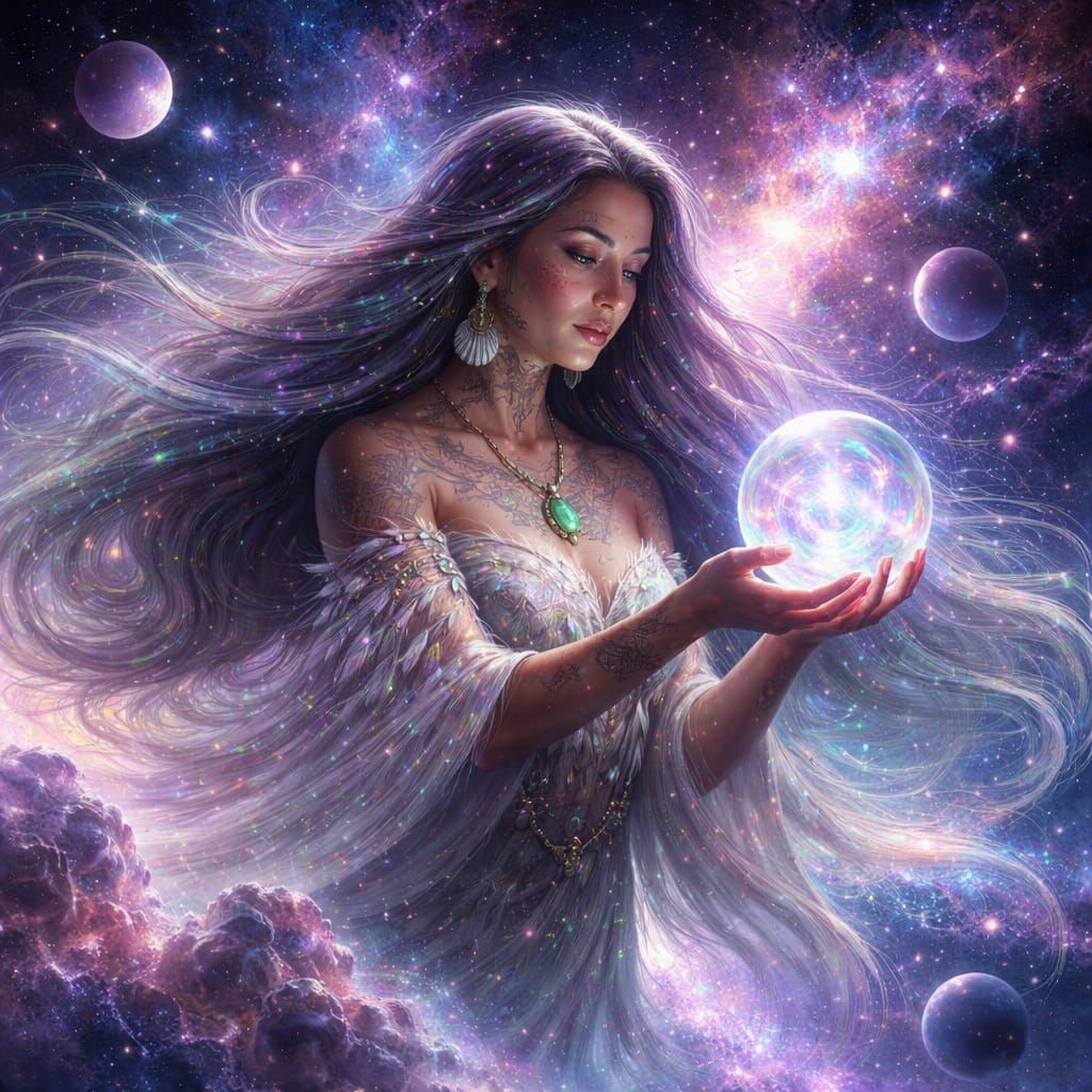 Maori Woman Floating in Cosmic Nebula