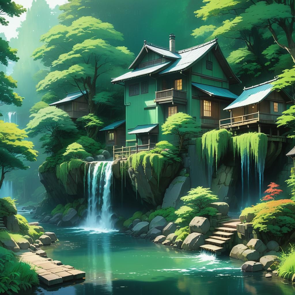 Anime House by Waterfall in Ghibli Style