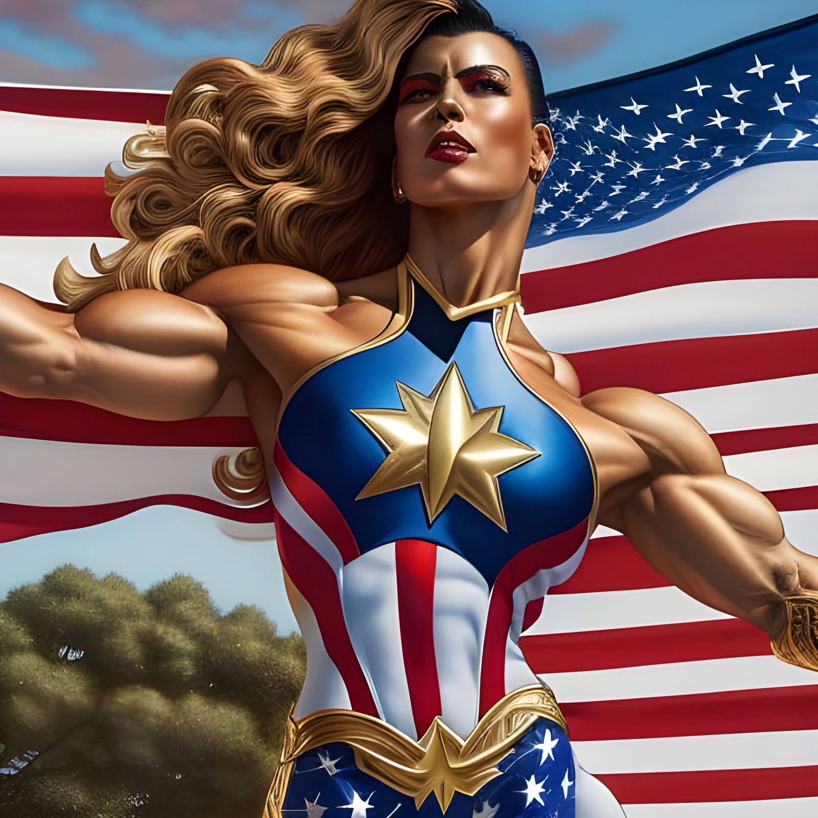 Muscular Woman in American Flag Outfit, Rococo Style