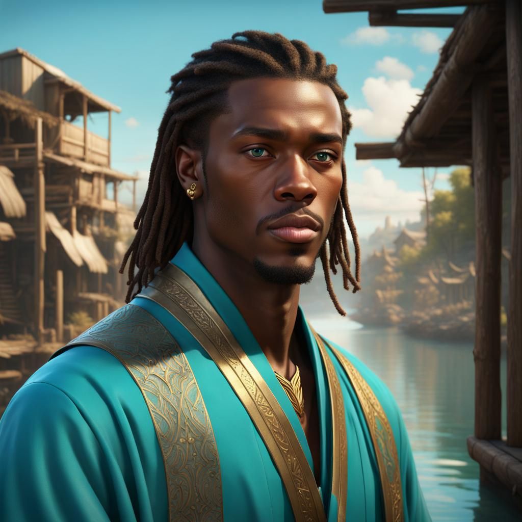 Confident Man with Turquoise Eyes in Detailed Matte Painting