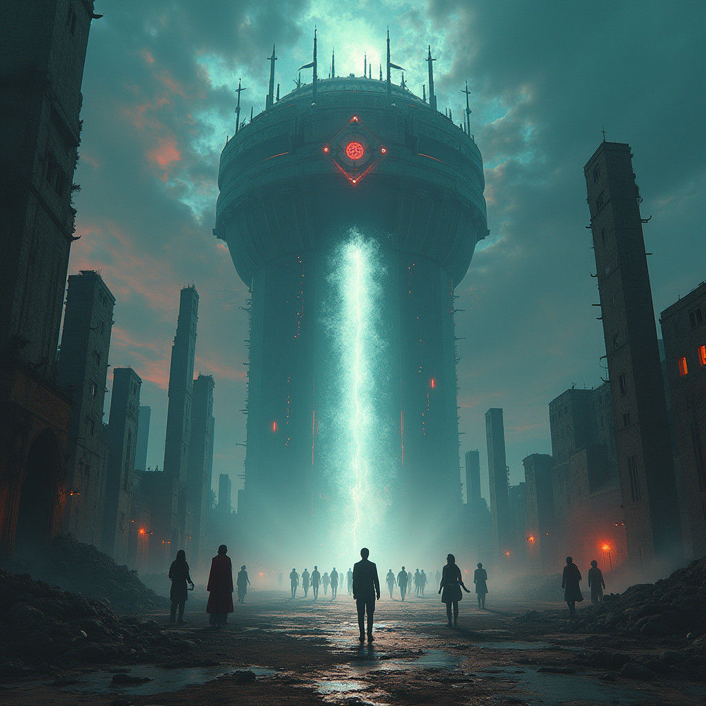 Mystical Teleportation Machine in Ruined Cityscape