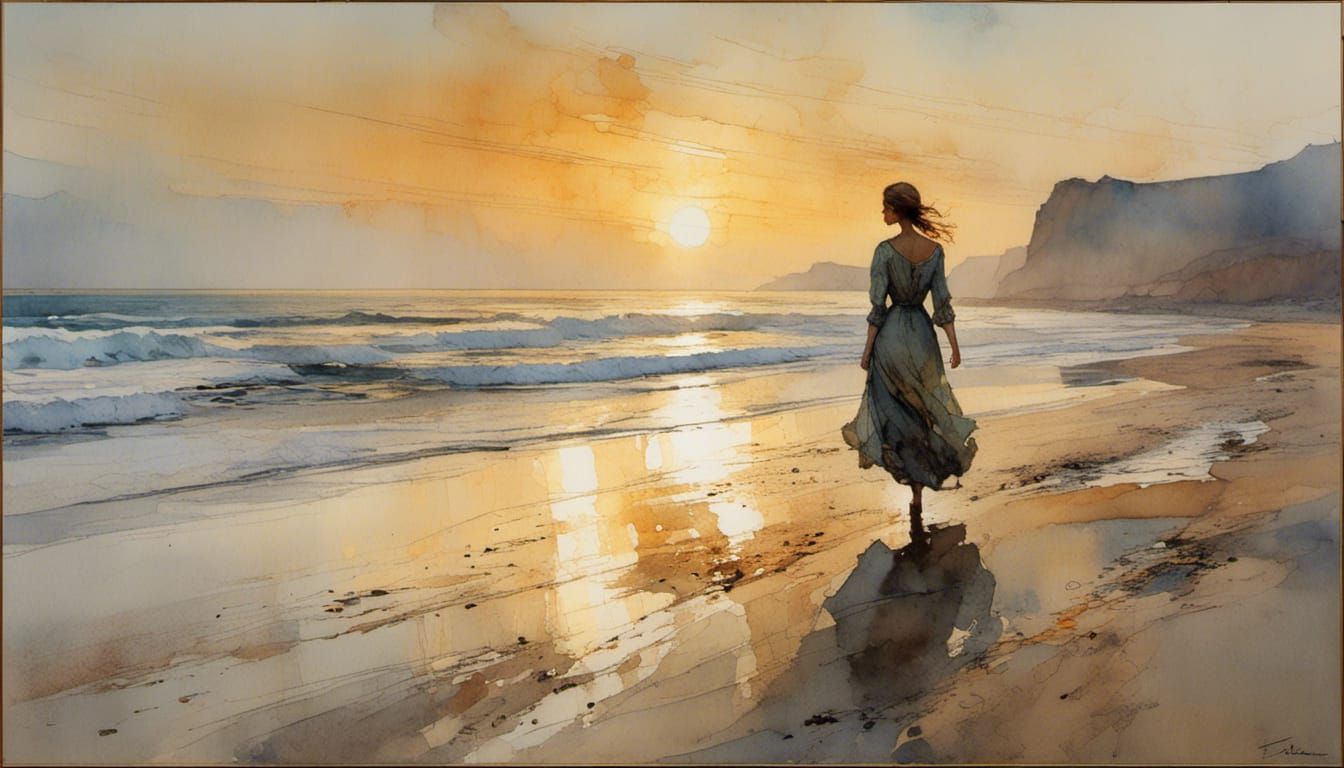 Woman Walking on Beach at Sunrise in Impressionistic Style