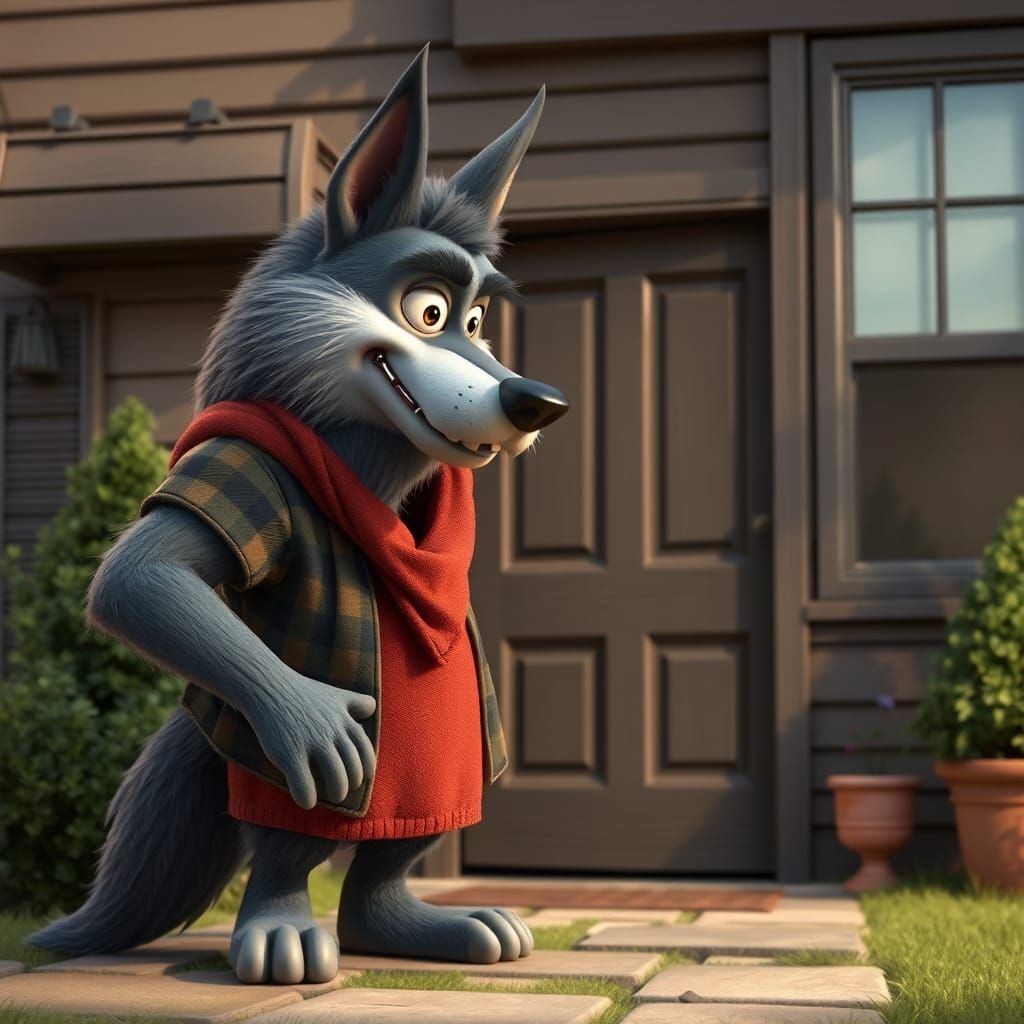 Wolf Knocks on Door in 3D Cartoon Style