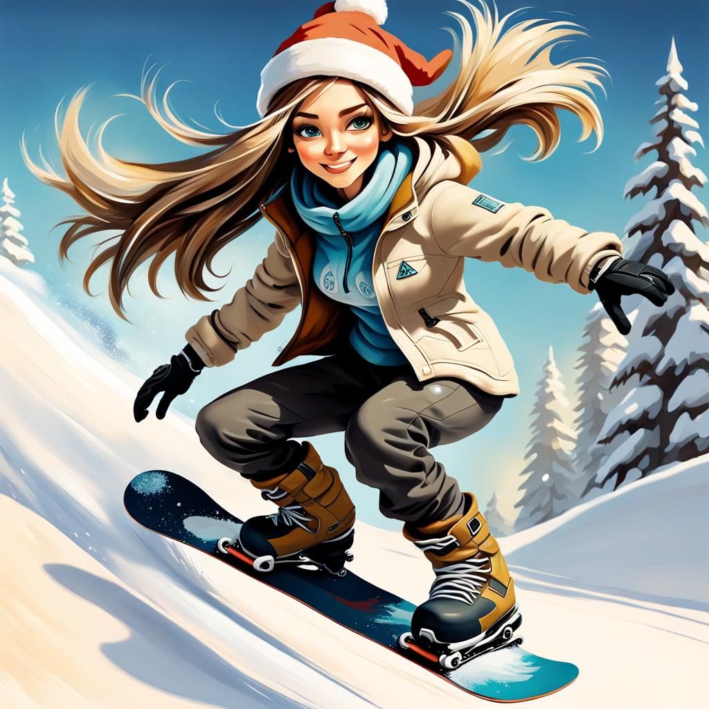 Girl Snowboarding in Cartoon Style, 3D Oil Painting