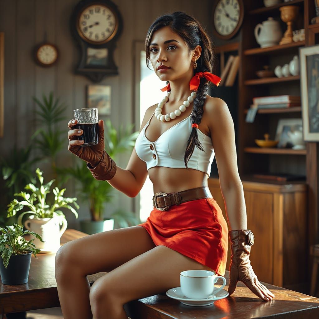 Young Woman with Braids Holds Glass in Cozy Room