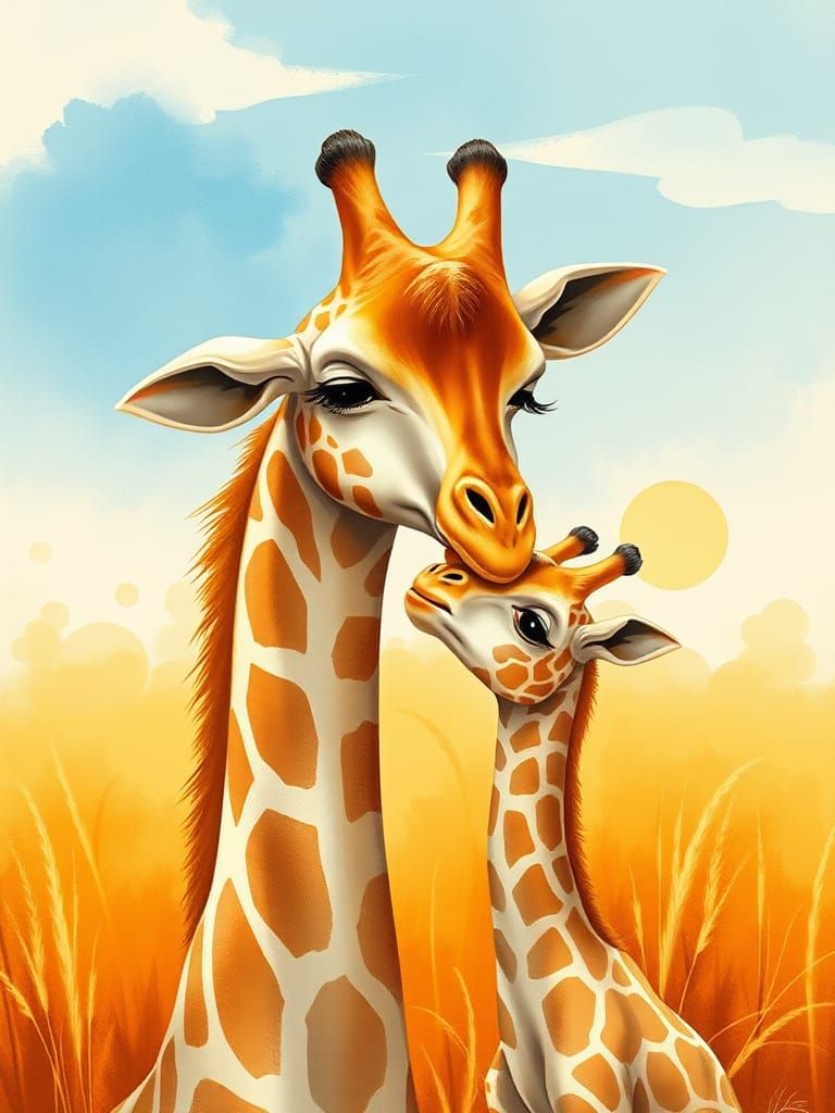 Loving Giraffe Mother and Baby in Savannah