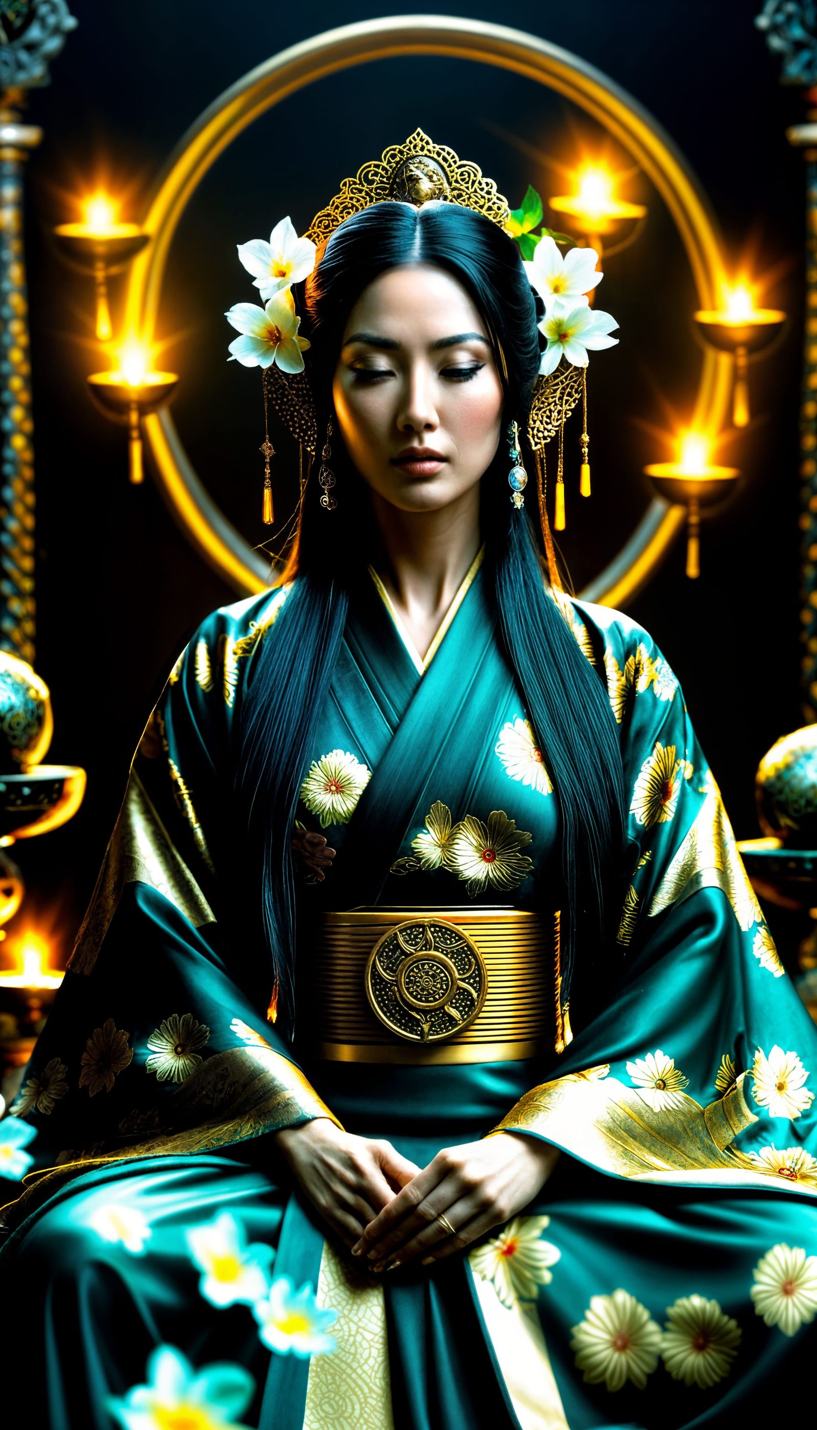 Warrior Goddess Meditating Amidst Apocalyptic Chaos