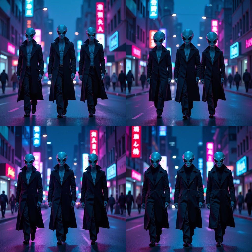 Neon City Encounter: Three Aliens in Dark Coats