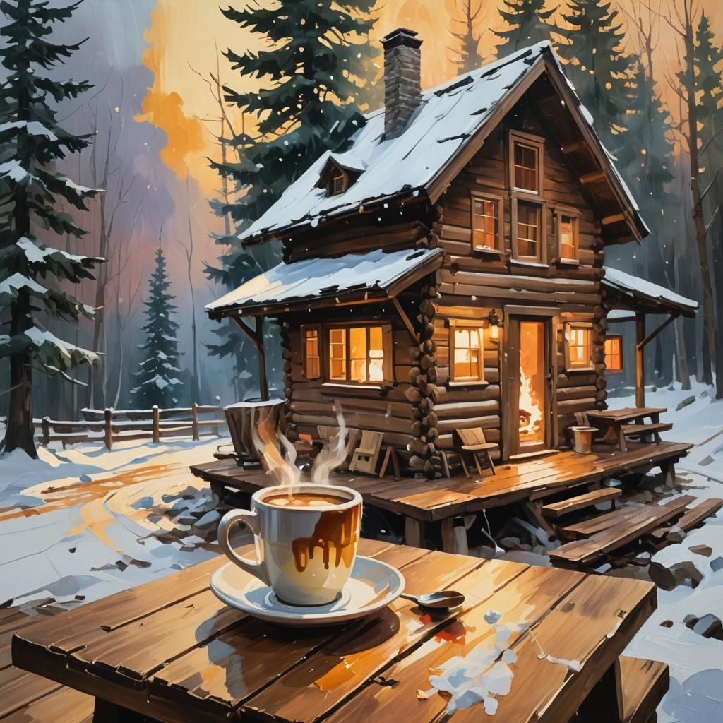 Cozy Cabin Coffee in Gouache Impressionist Style