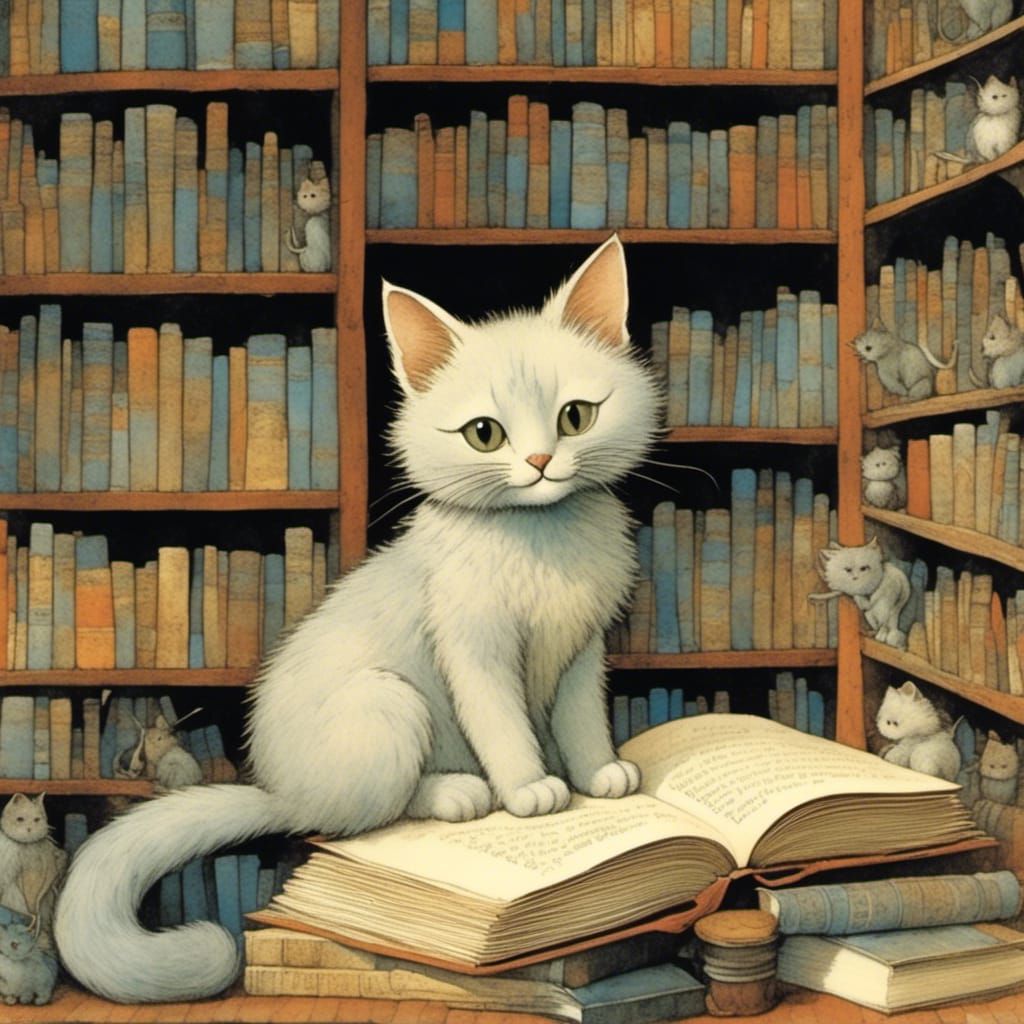 Cat in Bookshop: Whimsical Illustrative Art