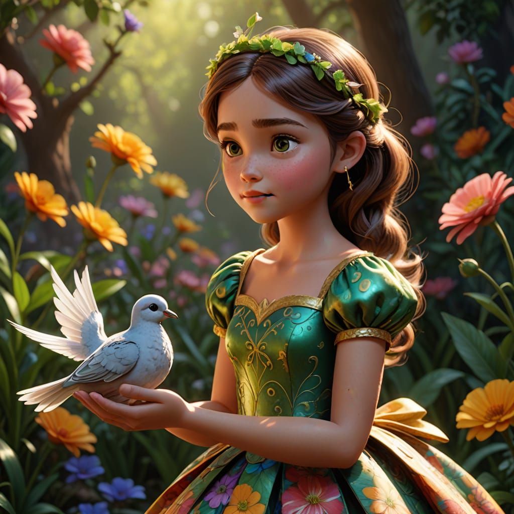 Pixar-Inspired Nymph in Vibrant Floral Dress with Dove