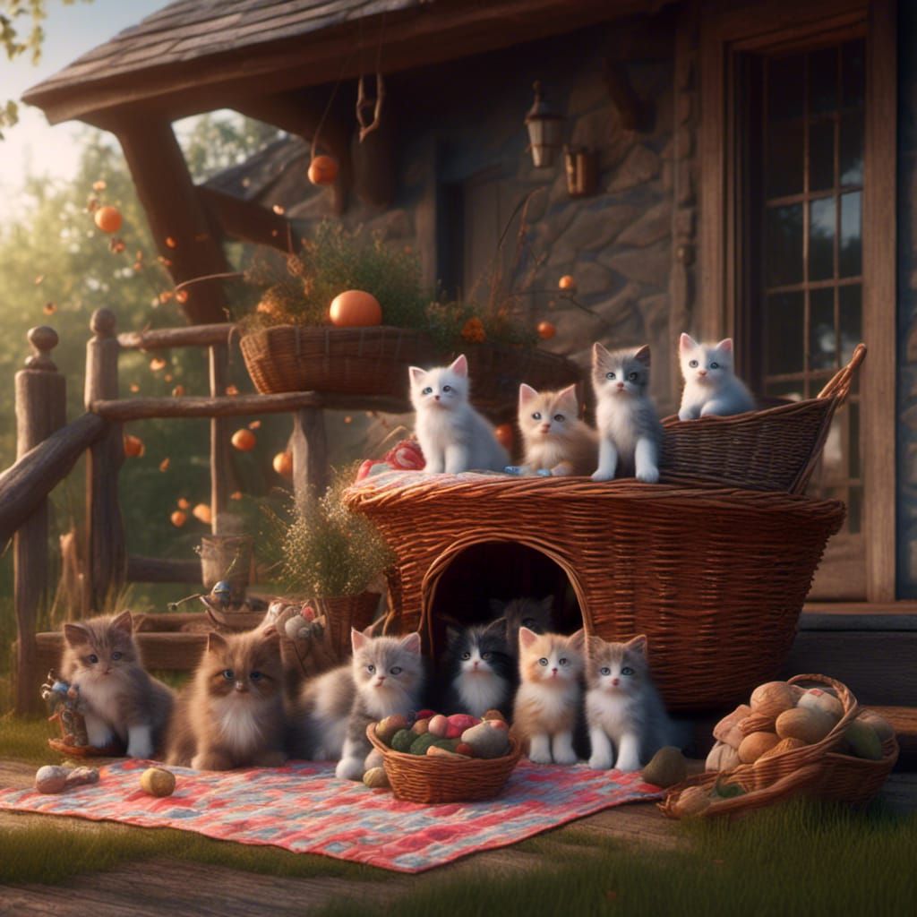 Kittens and Hound on Farmhouse Porch in 3D Cartoon