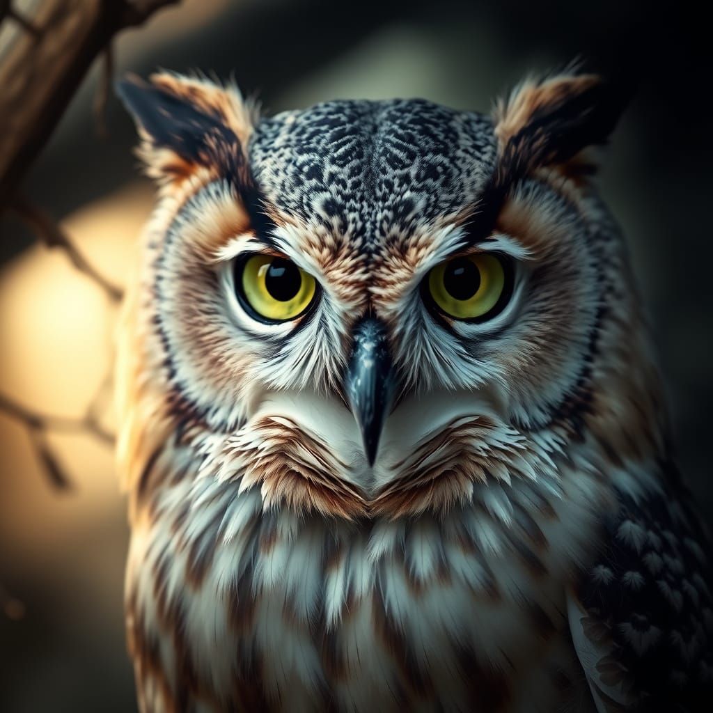 Surreal Portrait of Owl's Face in Misty Forest
