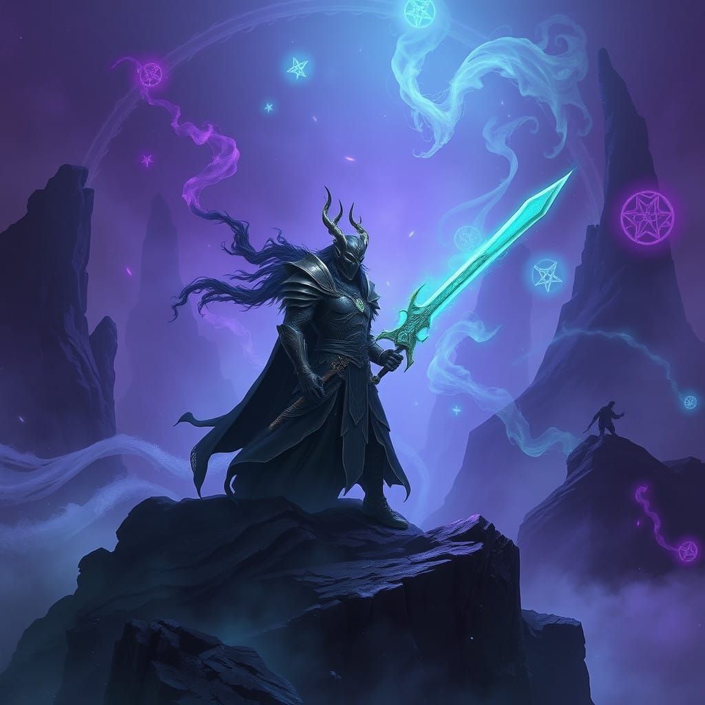 Dark Fantasy Warrior Emerges from Haunting Misty Landscape