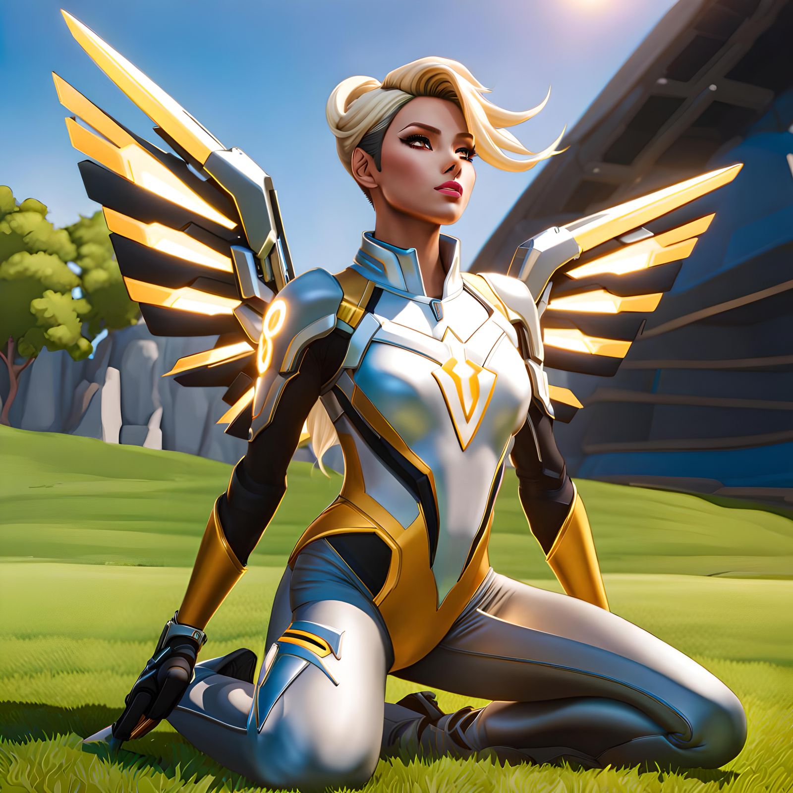 Mercy Gymnast in Cyberpunk Leotard on Grassy Plain