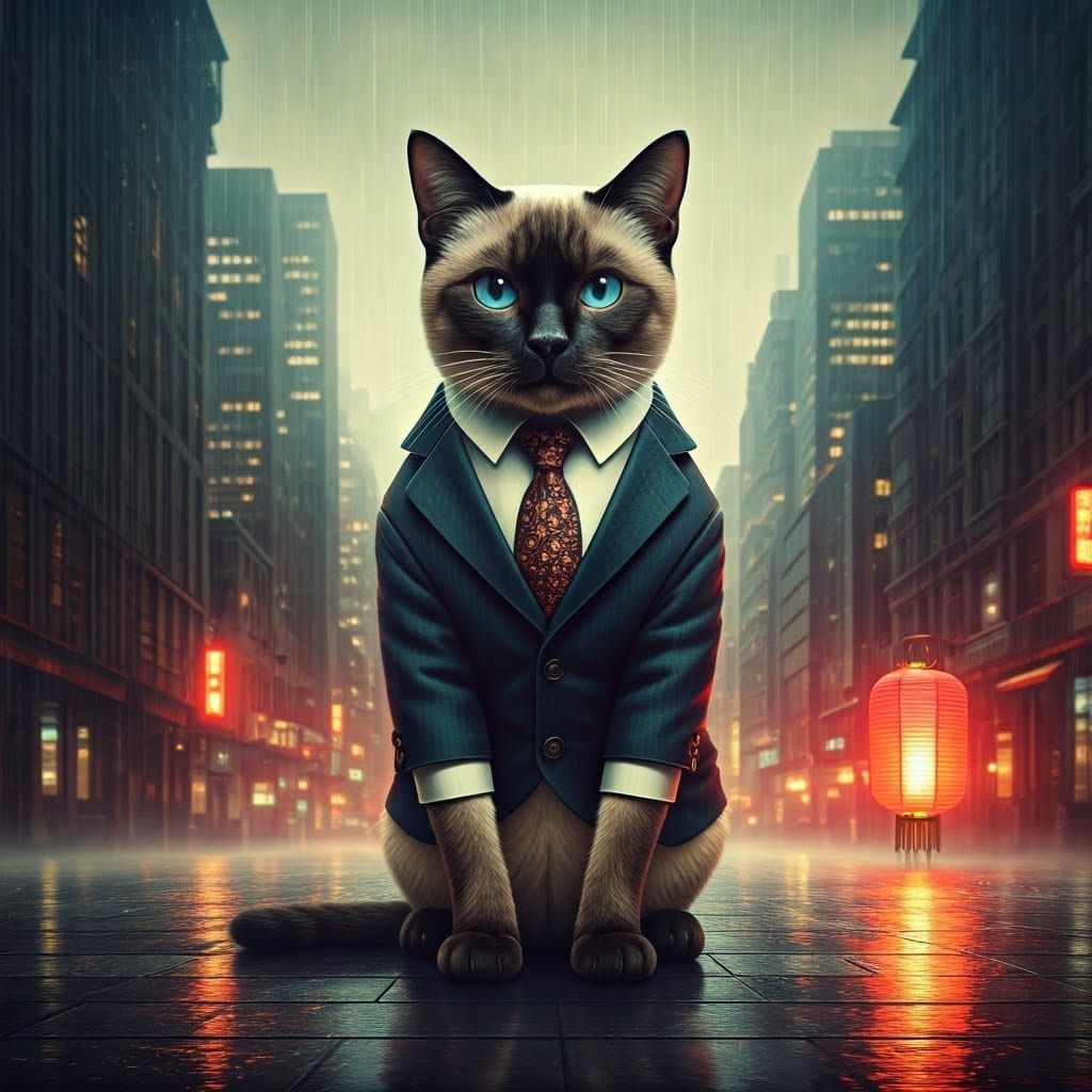 Siamese Cat in Suit Poses in Rainy City