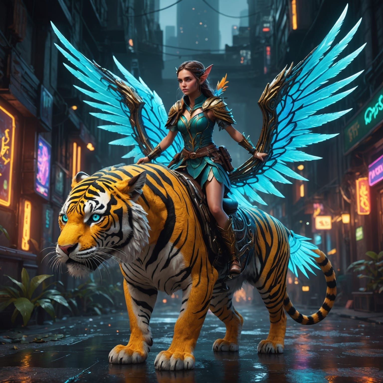 Elf Girl on Winged Neon Tiger
