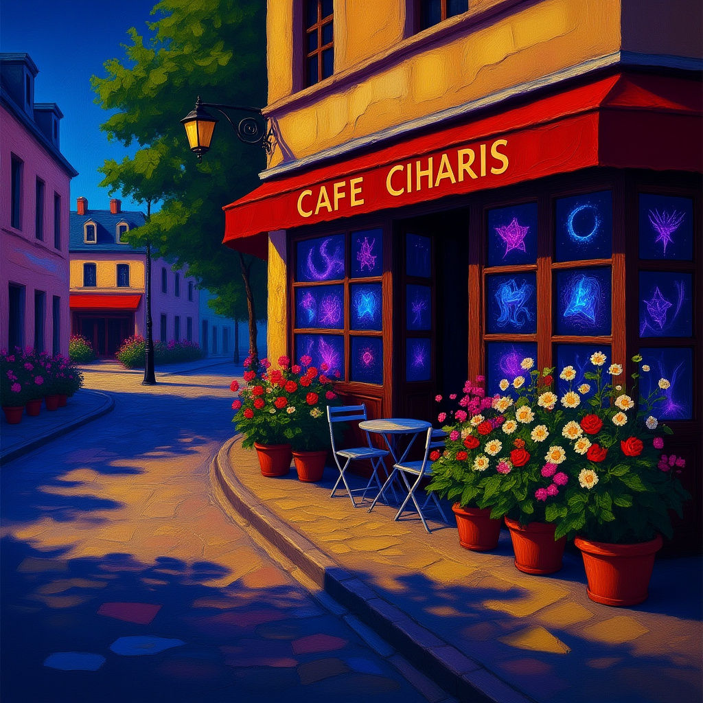 Quiet French Cafe in Summer Blooms, Impasto Painting