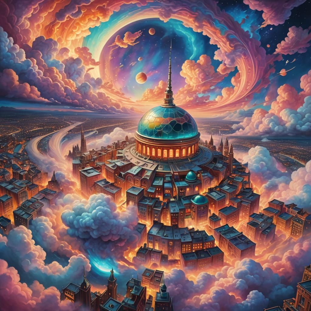 Flying Domed City Amidst Venus Clouds