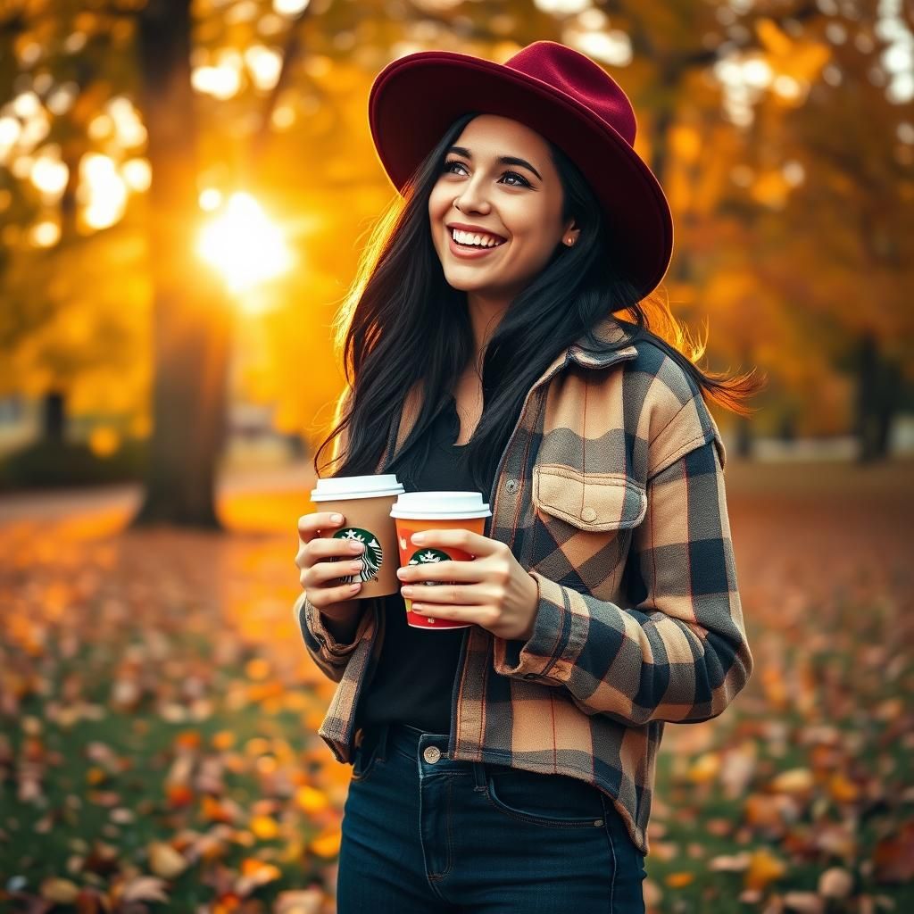 Woman with Coffee in Autumn Park, Hyperrealistic Style