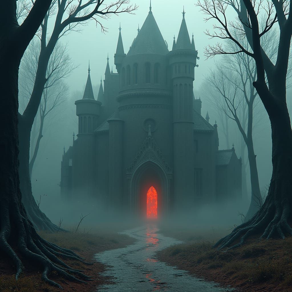 Grotesque Architecture in Dark Fantasy Landscape