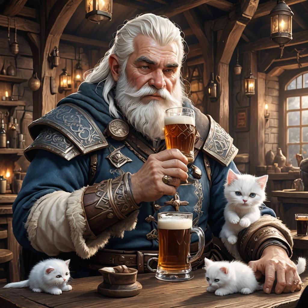 Dwarf and Kitten in Inn: Fantasy Art