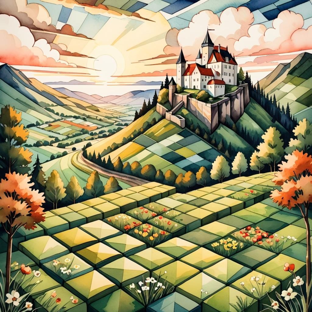 Cel-Shaded Optical Illusion Landscape in Watercolor