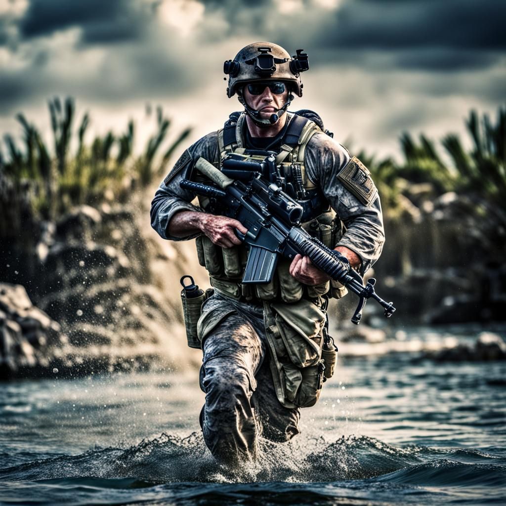 Hyperrealistic Navy Seal Emerges from Water