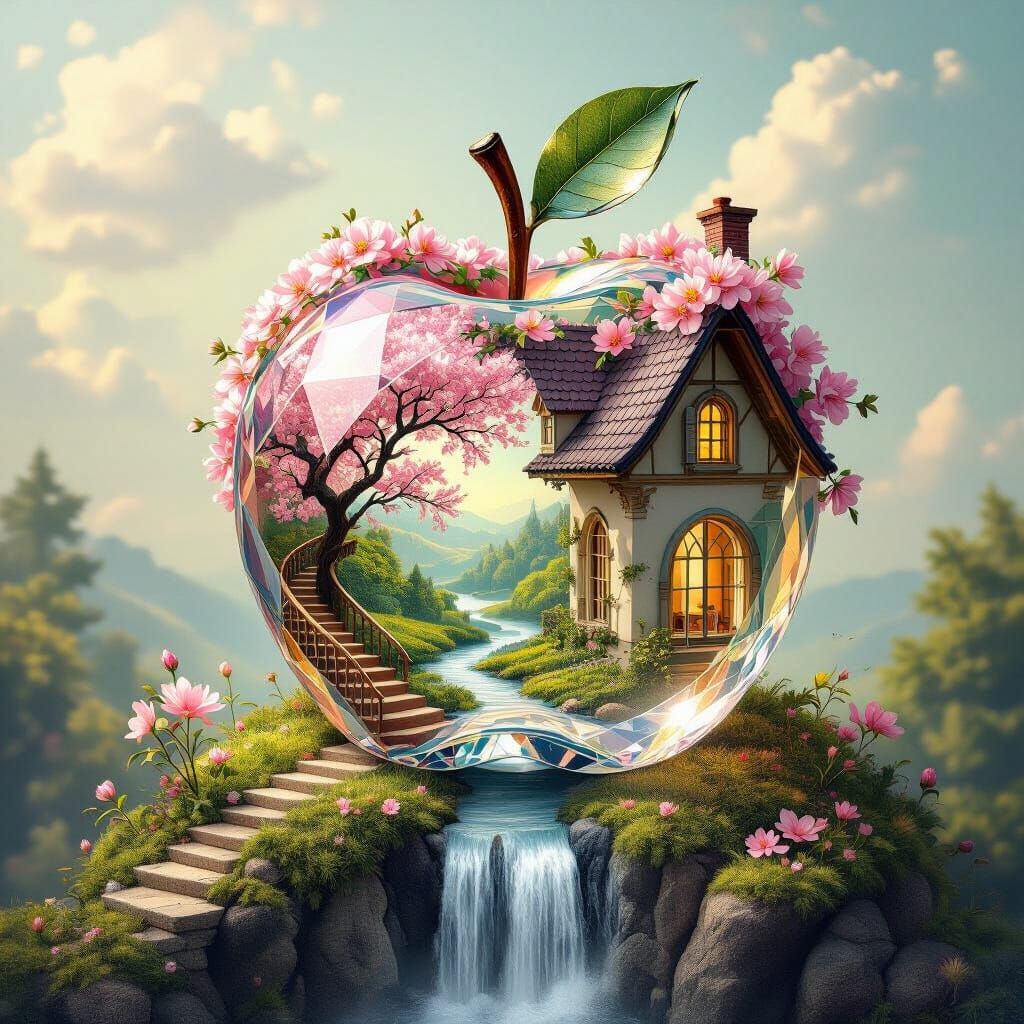 Crystal Apple with Waterfall in Surreal Style