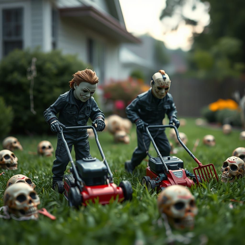 Miniature Horror Icons Mowing Lawn: Hyperrealistic Dark Humo...