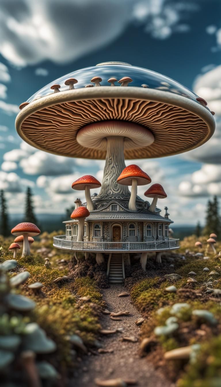 Psychedelic Mushroom World with Flying Saucer