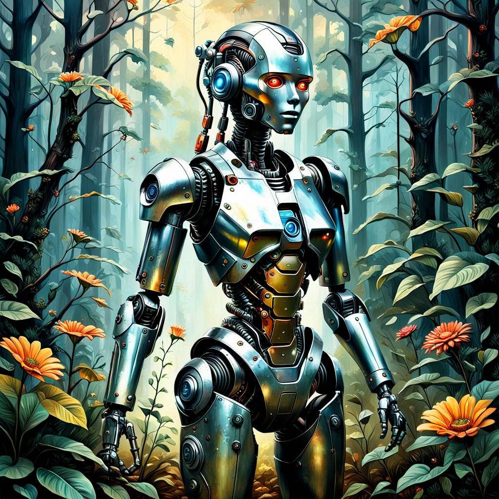 hyperrealistic painting in which a female cyborg robot, with...