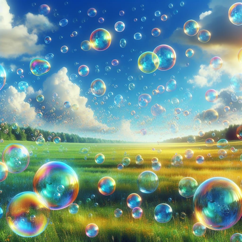 Iridescent Bubbles Floating in a Sunny Field