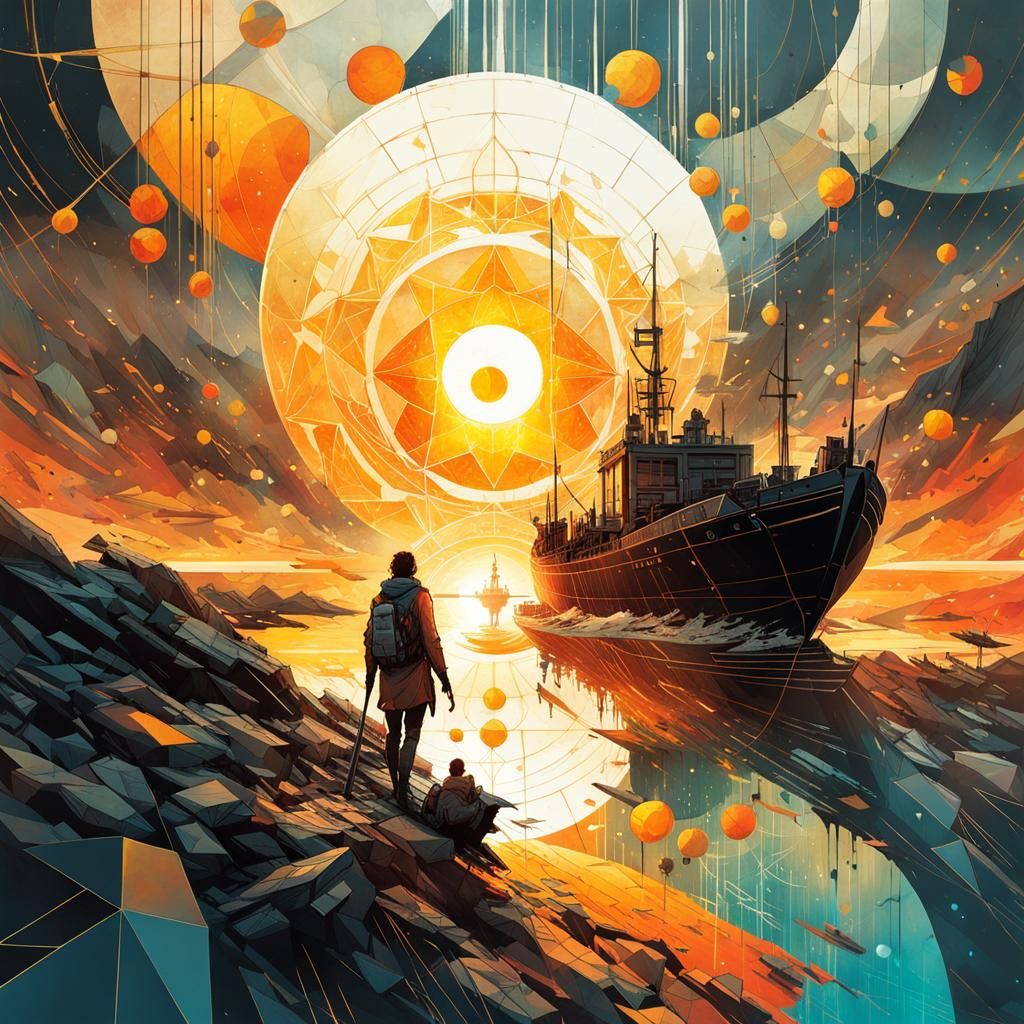 Geometric Sun Illuminates the World in Fluid Ink