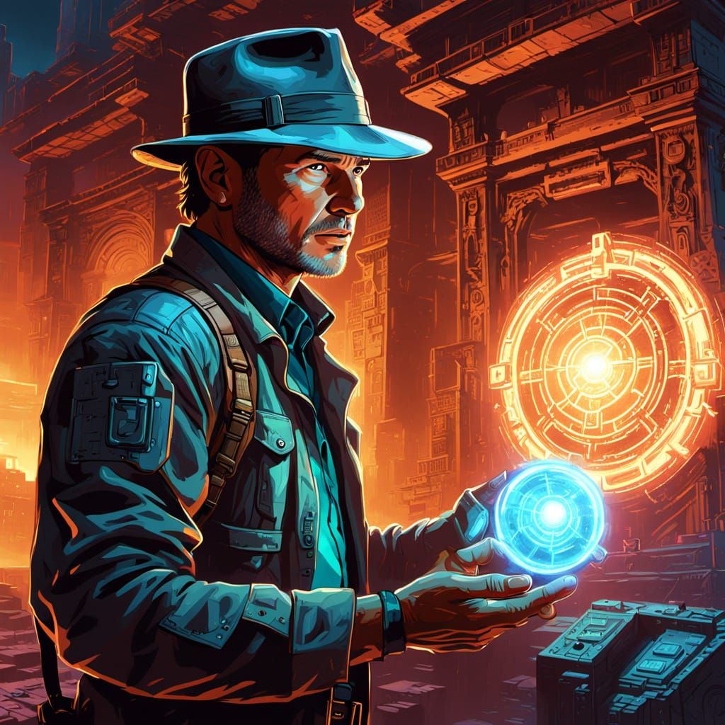 Indiana Jones Explores Digital Ruins in Sci-Fi Style