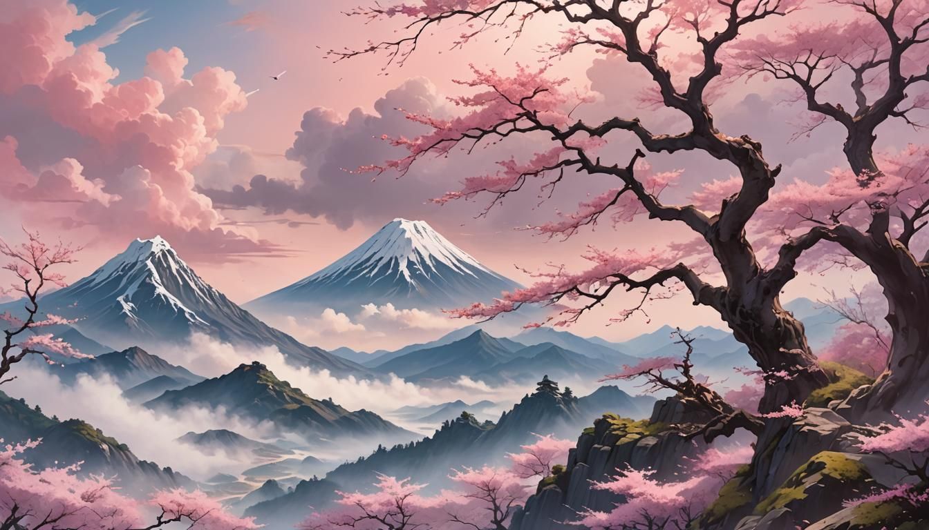 Anime Mountain Vista with Cherry Blossom Tree