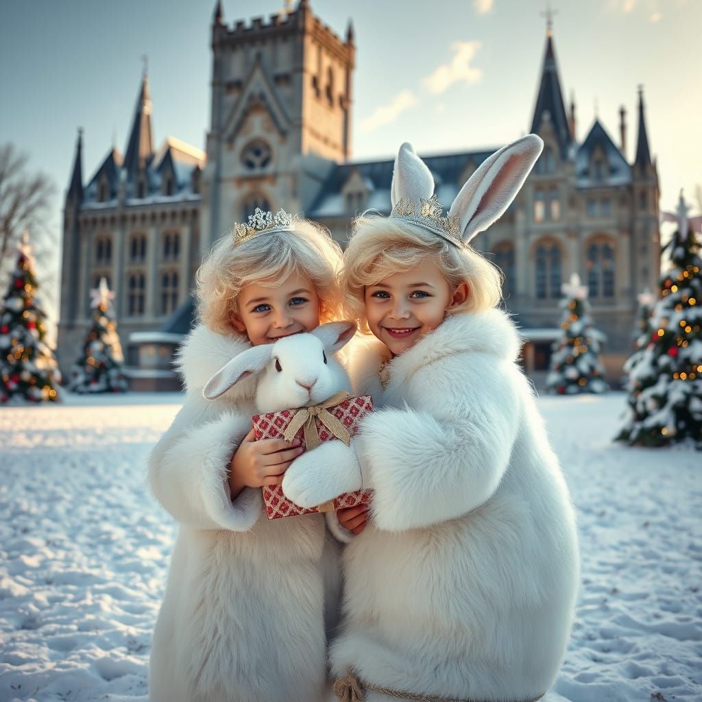 Joyful Girl and Hare Share Christmas Cheer in Winter Wonderl...
