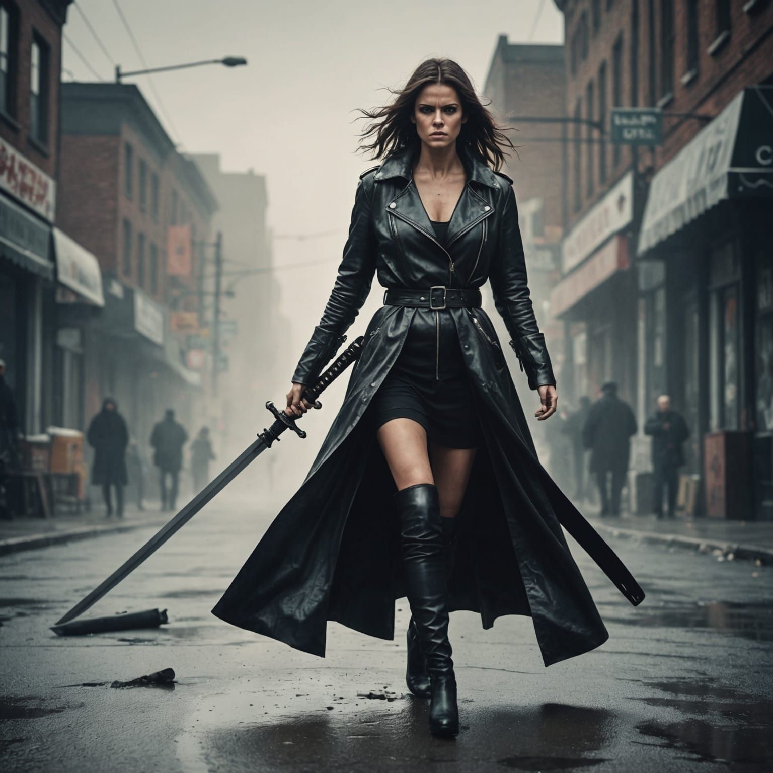 Angry Woman with Sword Striding Down Wet Street