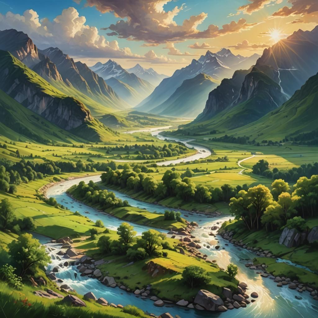 Majestic Mountain Valley Landscape in Oil Painting Style