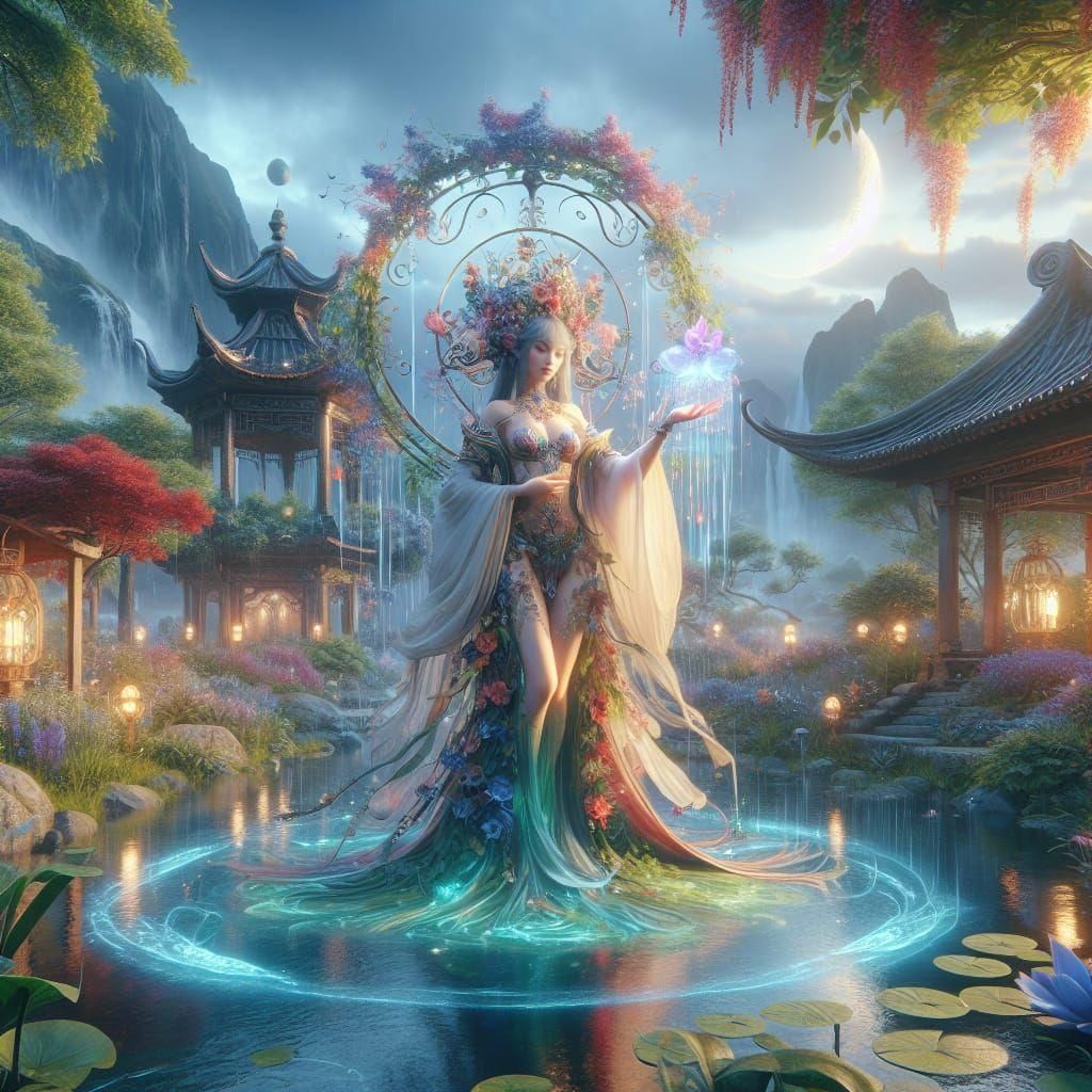 Rain Goddess in Serene Garden: Fantasy Art
