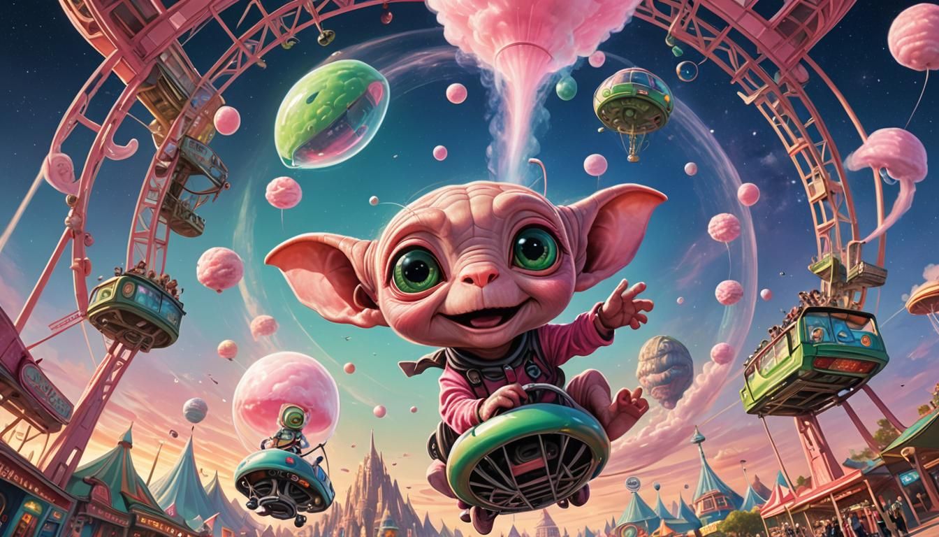 Pink Alien Child Rides Gyrosphere in Space Amusement Park