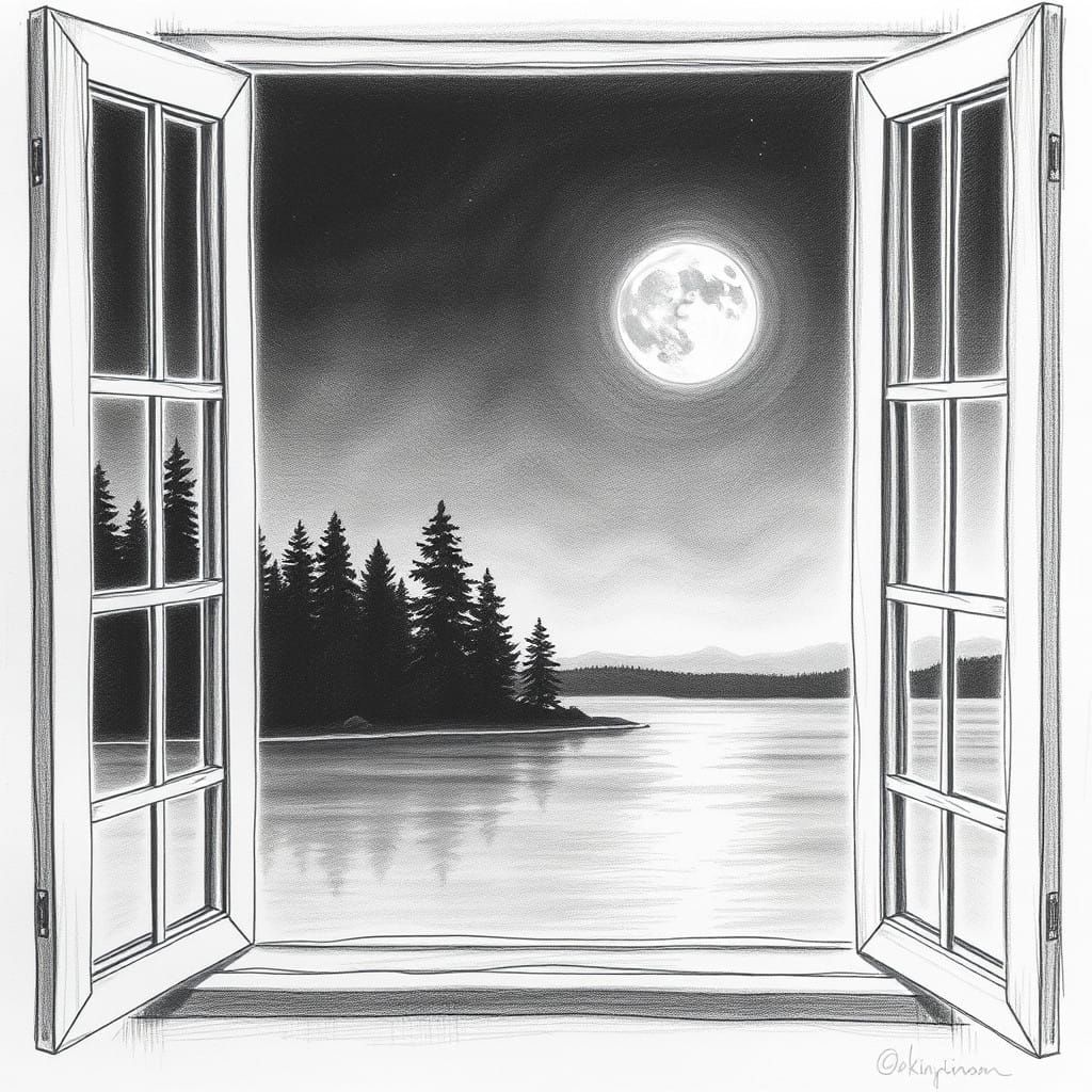 Ethereal Night Scene with Northern Lake and Rising Moon in B...