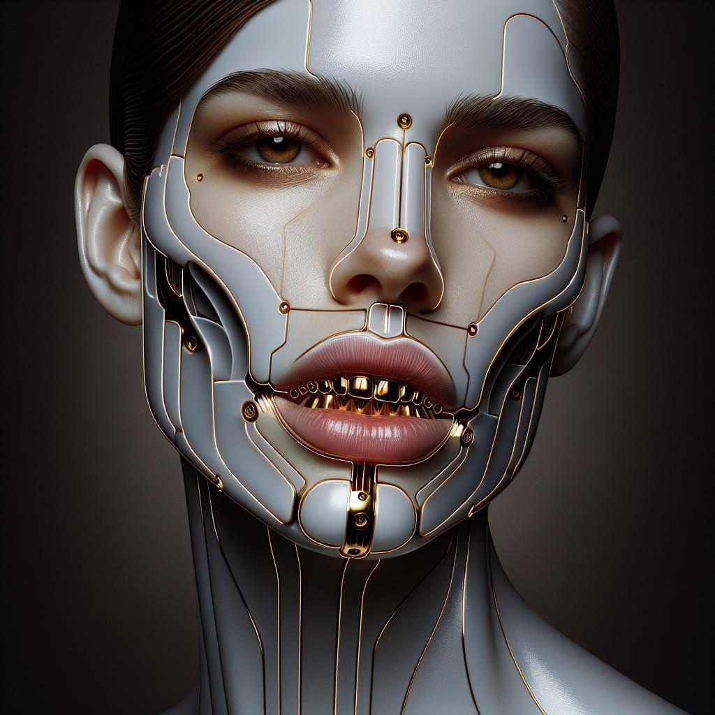 Futuristic Portrait with Golden Teeth in Minimalist Style