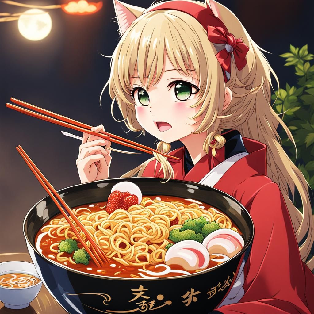 Cat Girl Eating Ramen: Anime Key Visual Art