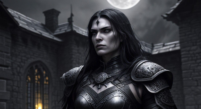 Medieval Warrior Princess in Dark Fantasy Castle Courtyard b...