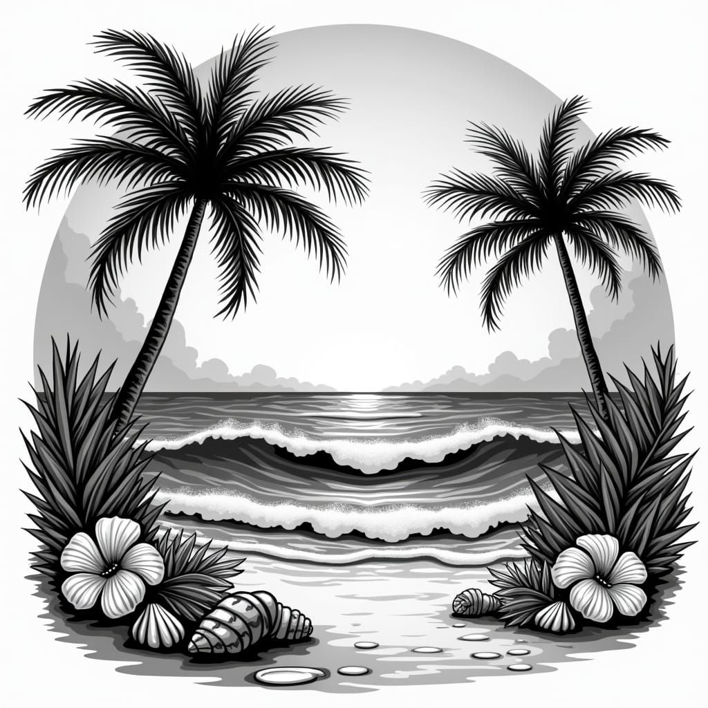 Monochrome Tropical Beach Scene with Ocean Waves