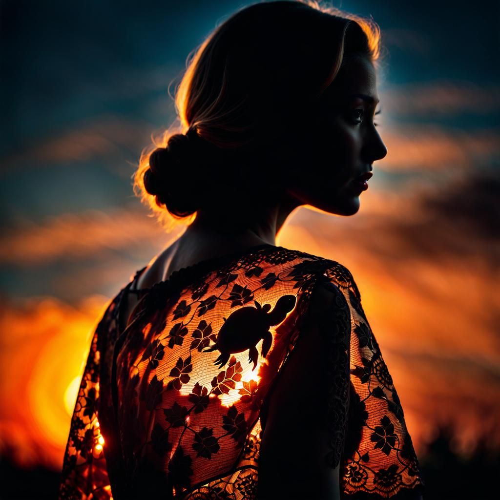 Film Noir Silhouette: Woman with Turtle at Sunset